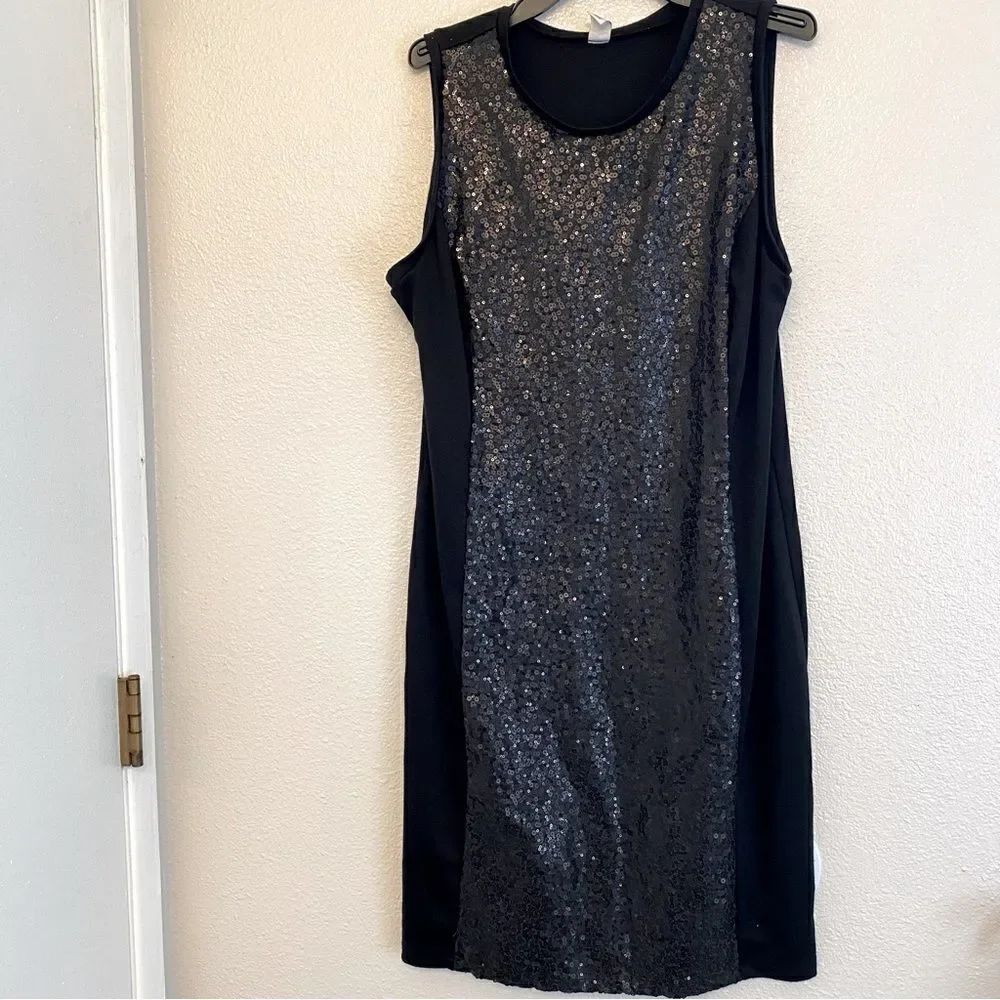 Old Navy black sleeveless crew cotton blend sequin front formal shift dress -L